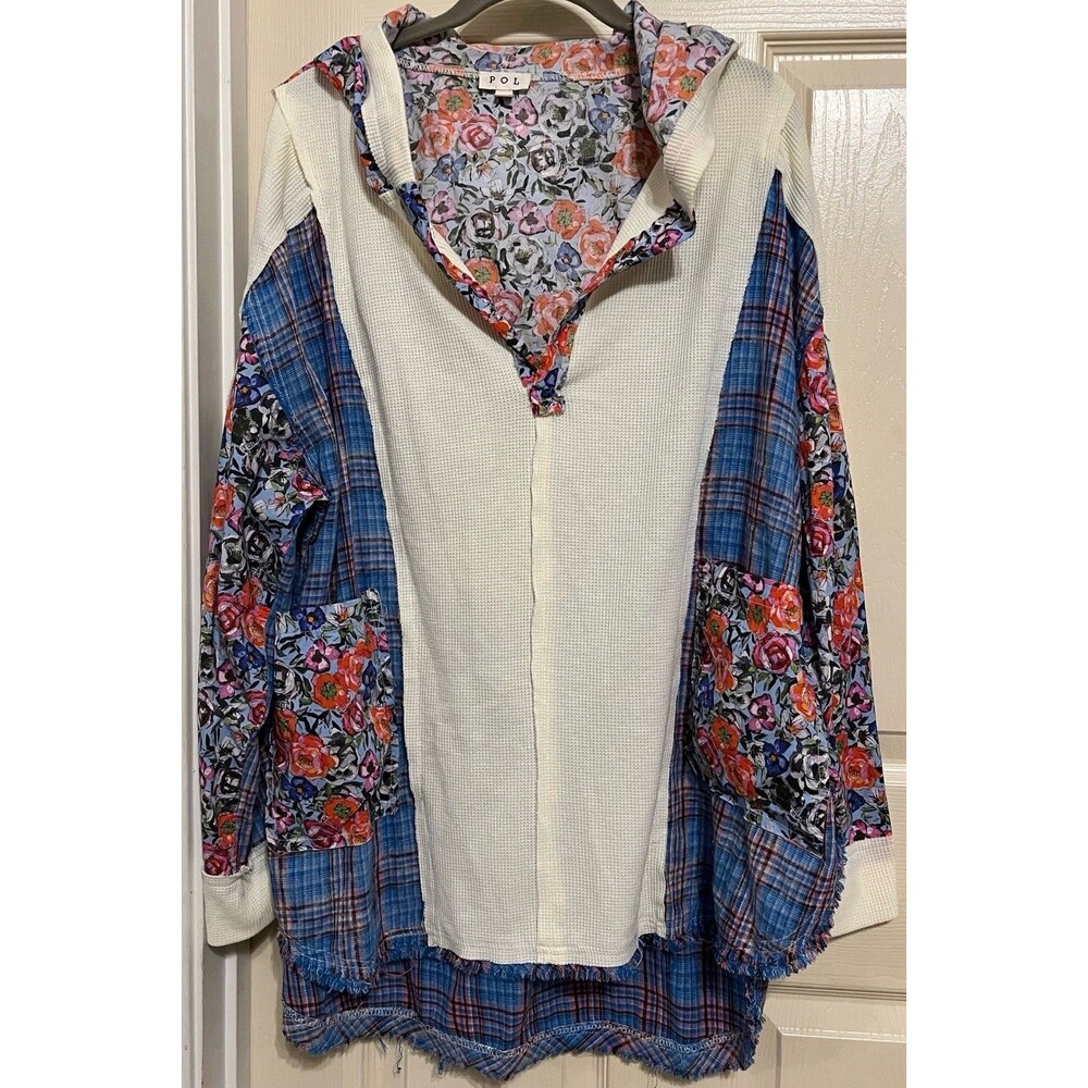 POL Clothing Mixed Media Thermal Plaid Floral Patchwork Hooded Top GWT208 Large